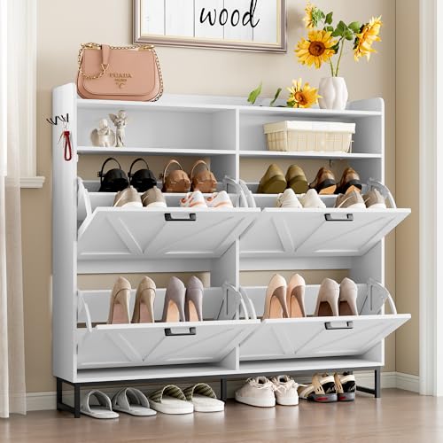 Image of BORNOON Shoe Cabinet with 4 Flip Drawers Narrow Shoe Storage Cabinet Organizer Wooden Freestanding Shoe Rack Hidden Slim Shoes Storage Cabinet for Entryway, Hallway, Living Room, Bedroom