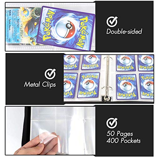 400 Pockets Baseball Card Binder Holder, Trading Card Sleeves Compatible with Pokemen, Football and Sports Cards, Card Binder with Zipper, Sheets for TCG - Thumbnail 4