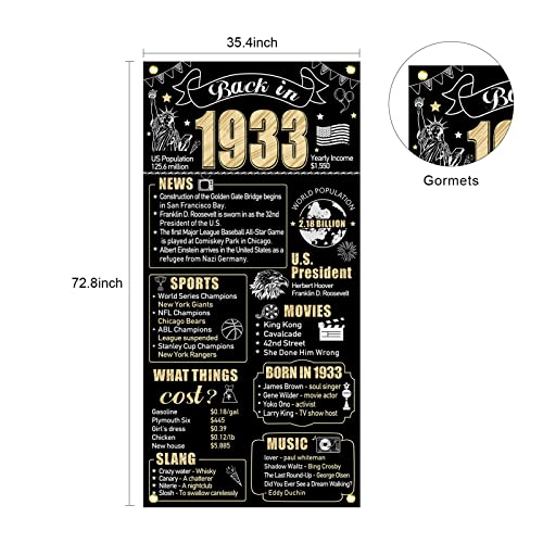 90Th Birthday Decorations Back In 1933 Door Banner For Men Women, Black Gold Happy 90 Birthday Door Cover Party Supplies, Ninety Year Old Bday Backdrop Sign Decor For Outdoor Indoor #TOP1