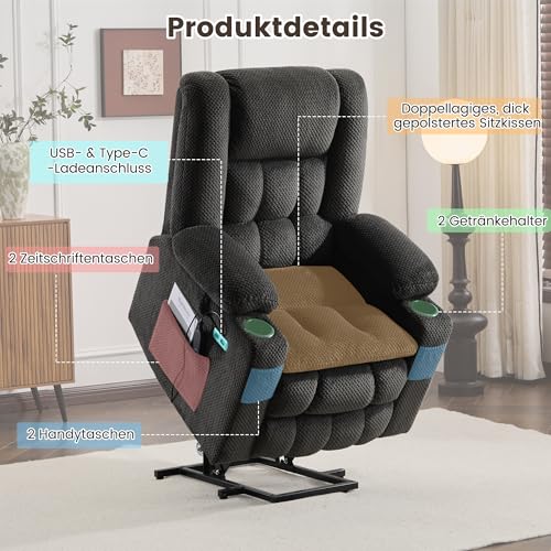PALLOME Elektrischer Aufstehsessel für Senioren, Fernsehsessel Relaxsessel mit Massage & Wärme, Liegesessel mit Aufstehhilfe, Massagesessel Wohnzimmer (Grau) – Bild 8