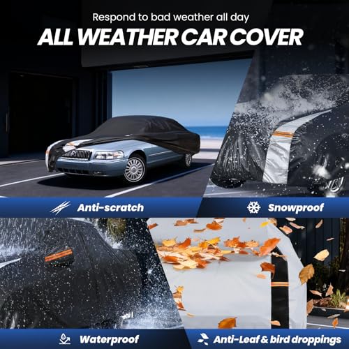 Image of Multi-Layer Car Cover Custom Fit for Mercury(Grand) Marqui(1983-2011), 100% Waterproof All Weather for Automobiles, Gift with Towel, Heavy Duty Car Covers for Rain Sun UV Protection with Door Zipper.