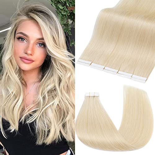 S-noilite Tape in Hair Extensions Human Hair,16 Inch 10 PCS Natural Remy Tape Extensions Straight Seamless Skin Weft Hair Extensions for Women(#60 Platinum Blonde,2.5g*10pcs)