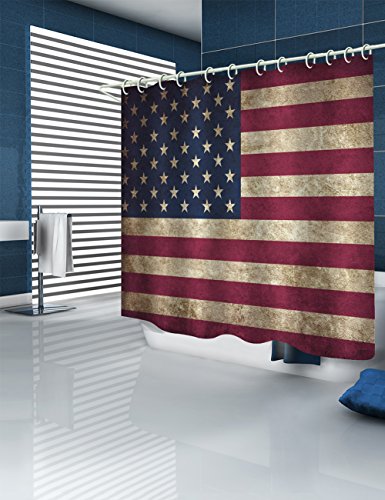 American Flag Shower Curtain Usa Decor, Fourth Of July Independence Day Themed Art Print Flag Painted On Wooden Planks, Polyester Fabric Bathroom Set With Hooks, Red & Blue & White - 72×72 Inches #TOP2