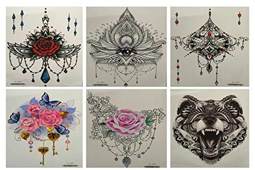 Large Waterproof Chest Clavicle Abdomen and Back Temporary Tattoo Sticker with Art Fashion Styles for Women Girl,6 Sheets