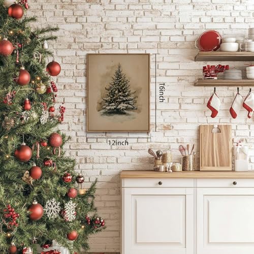Image of KISSFOX Vintage Christmas Tree Framed Wall Art Watercolor Snowy Canvas Art Rustic Winter Evergreen Tree Paintings Art Prints Modern Farmhouse Pictures Wall Decor For Kitchen Bedroom Living Room