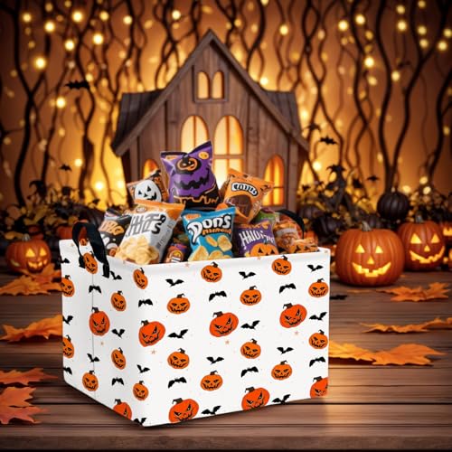 Image of Large Halloween Basket Gift Personality Pumpkin Ghost Parties Decor Kid Trick or Treat Basket for Boys and Girls Rectangular Storage Bin Box (Pumpkin Bat)