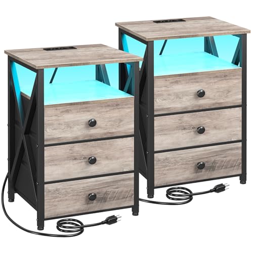 AMHANCIBLE Night Stand Set 2, LED Nightstand with Charging Station, End Side Tables with USB Port & Outlet, Bedside Table with 3 Fabric Drawers for Bedroom Living Room, Greige, HET053LGY