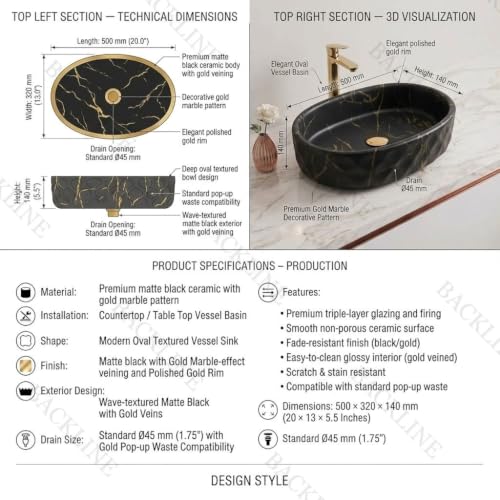 Image of Backline 20x13x5.5 Inche Table Top Wash basin | Basin for Bathroom | Countertop Bathroom Basin For Restaurant /Dining Hall /Living Room /Home (Black Matt)