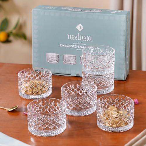 Image of Nestasia Glass Bowl Set of 6 - 220ml Transparent Katori for Kitchen & Dinner, Microwave Safe Snack & Dessert Bowls with Gift Box, Perfect for Gifting