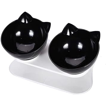 pekdi 20?Adjustable Double Cat Feeder Bowl Double Cat Dog Bowl Tilt Cat Face Shape Cat Bowl Double Bowl