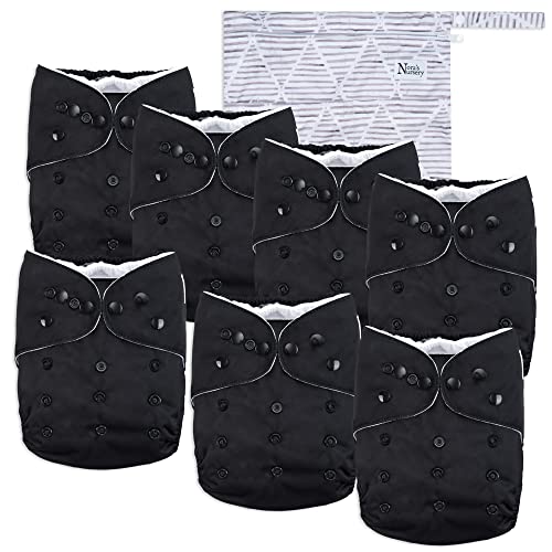 Image of Nora's Nursery Cloth Diapers 7 Pack with 7 Bamboo Inserts & 1 Wet Bag - Waterproof Cover, Washable, Reusable & One Size Adjustable Pocket Diapers for Newborns and Toddlers - Black Tie