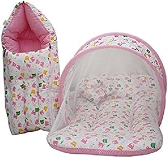New Born Baby Boy'S & Baby Girl'S Cotton Bedding Set Combo Of Mattress With Mosquito Net And Sleeping Bag Cum Baby Carry Bag (0-6 Months Pink Teddy, Single Size)
