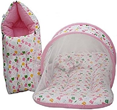 New Born Baby Boy'S & Baby Girl'S Cotton Bedding Set Combo Of Mattress With Mosquito Net And Sleeping Bag Cum Baby Carry Bag (0-6 Months Pink Teddy, Single Size)