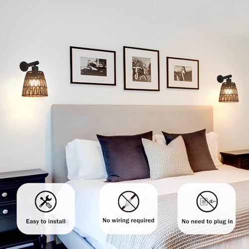 Image of Boho Battery Operated Wall Sconce Set of 2, Brown Rattan Rechargeable Wall Lights with Dimmable Bulbs and Remote,15 Colors Wireless Wall Lamps for Bedroom Living Room Hallway Decor