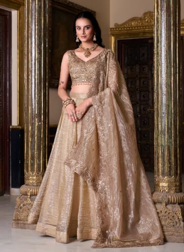 Image of KALPAS Gold Embroidered Lehenga Choli Set with Dupatta, Sleeveless Blouse, Traditional Indian KP-317