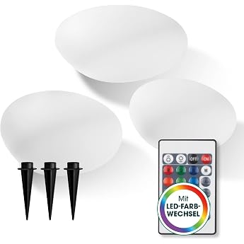 EASYmaxx LED Solar Light with Remote Control 3 Cold White Lights Stones with Solar Operation and Colour Changing Dimmable Brightness Levels 12 Colours & 5 Light Modes Includes Ground Spike & Insulation Sensor