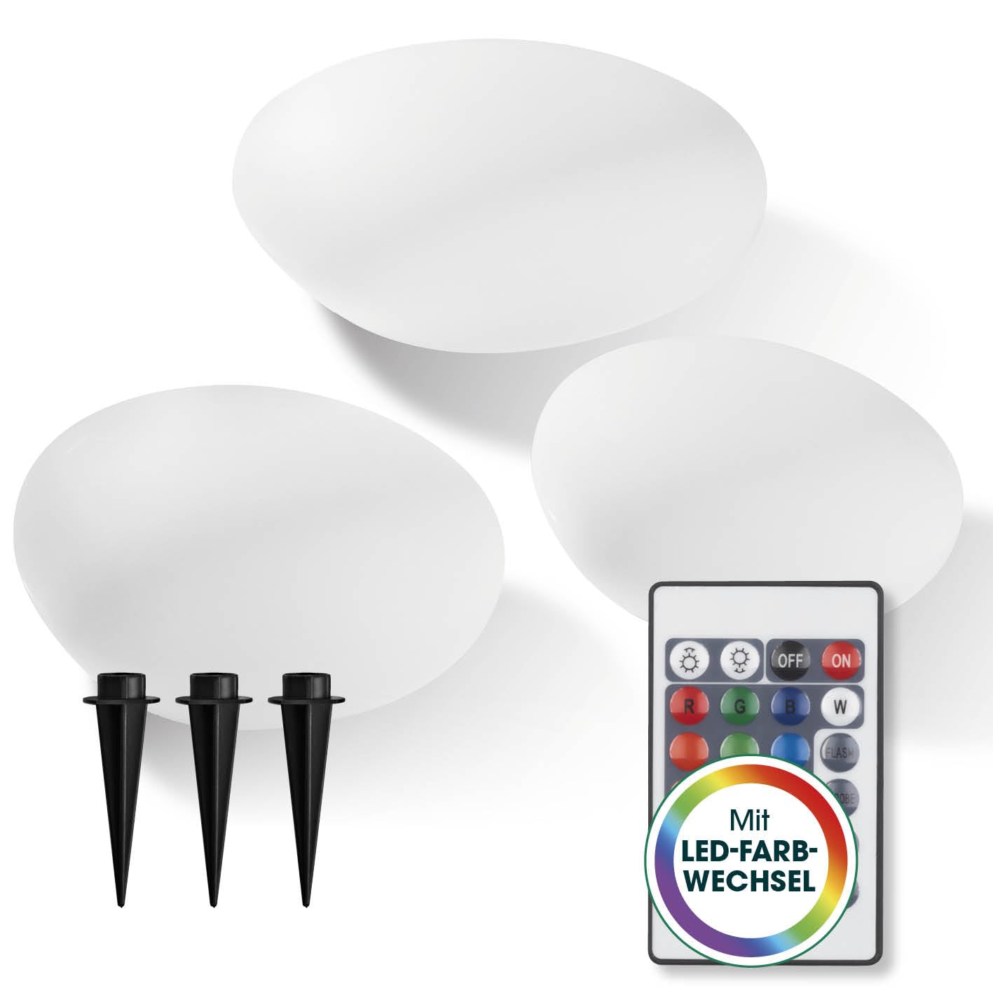 EASYmaxx LED Solarleuchte mit Fernbedienung | 3 kaltweiße Leuchten - Steine mit Solarbetrieb & Farbwechsel | dimmbare Helligkeitsstufen, 12 Farben & 5 Leuchtmodi | inklusive Erdspieß & Dämmungssensor