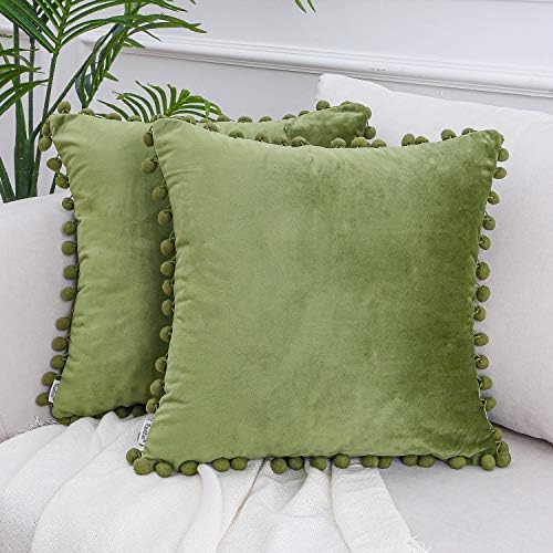 Topfinel Pack of 2 Velvet Cover Pompom Cushion Cover Large Square Decoration Plain Design Throw Pillowcases Cover 20x20 Inch for Sofa Bed Livingroom with Invisible Zipper 50cmx50cm Cream