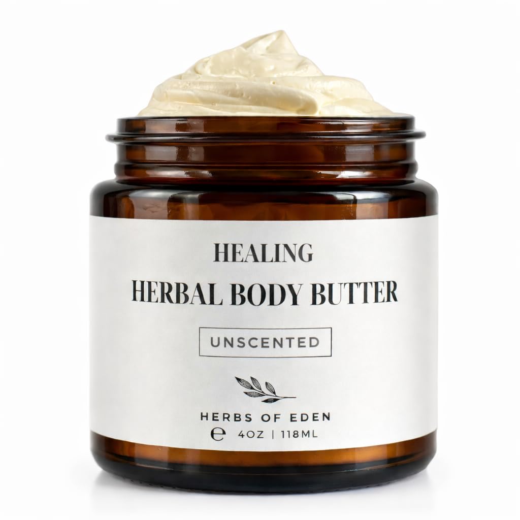 Herbs of Eden | Healing Herbal Body Butter | Pure Organic Calendual Comfrey Plantain with Castor Jojoba Rosehip Oil All Natural Soothing Whipped Body Moisturizer (Unscented)
