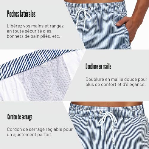Aisprts Maillot de Bain Homme Short de Bain à Séchage Rapide Respirant avec 3 Poches, Short de Plage Homme avec Doublure en Filet et Cordon de Serrage Réglable, T2 Rayures Blanches et Bleues, XL – vue 4
