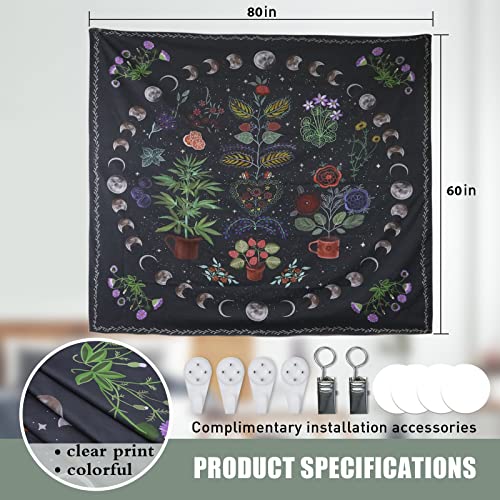 Linice Plant Tapestry, Nature Moon Phase Tapestry Wall Hanging, Bohemian Mandala Tapestry Aesthetic Bedroom Decor, Botanical Tapestries Suitable For Bedroom Home Dorm-60" X 80" #TOP5