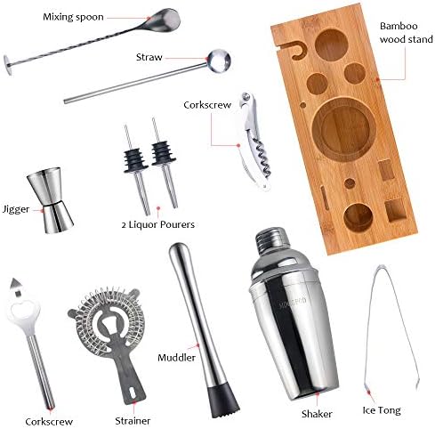 Labeol Cocktail Making Set Cocktail Shaker 12pcs Stainless Steel Cocktail Mixing Kit with Bamboo Display Stand 600ML Home Bar Bartender Bartending Kit