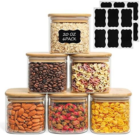 ComSaf 20 oz Glass Food Storage Jars Set of 6, Clear Storage Containers with Airtight Bamboo Lid, Pantry Organization Jar, Spice, Blooming Tea, Coffee and Sugar Container, Canister Set for Kitchen