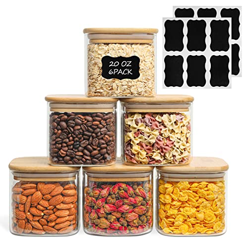 ComSaf 20oz/500ml Glass Food Storage Jars Set of 6, Square Storage Containers with Airtight Bamboo Lid, Pantry Organization Jar, Spice, Coffee and Sugar Container, Canister Set for Kitchen