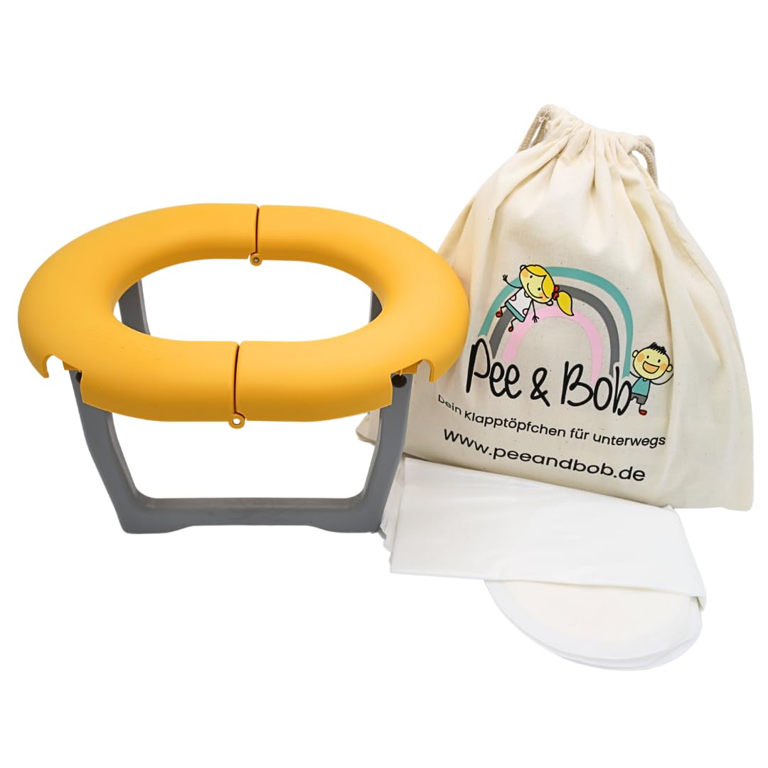 Pee & Bob Dein Töpfchen für unterwegs | Klein & Leicht, Haltbar und Stabil und Made in Germany | Mit Kindern immer und überall eine saubere Toilette, inkl. 5 Einwegtüten [Mango]