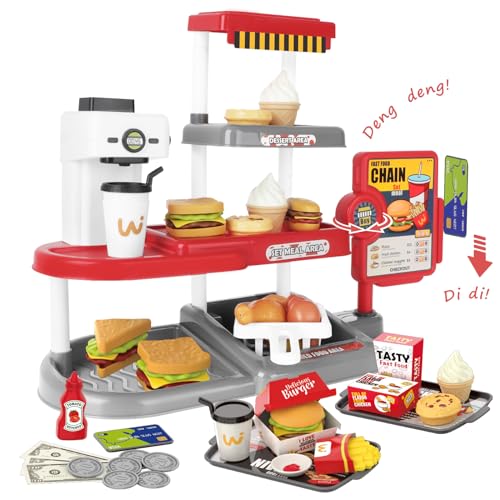 deAO Fast Food Kaufladen Spiel mit Sound inkl. Realistischer Chip Burger Pommes Brathähnchen, Spielgeld, Kaffeemaschine mit Auslassfunktion, Fast Food Restaurant Kinder für Rollenspiele Ab 3+ deAO Fast Food Kaufladen Spiel mit Sound inkl. Realistischer Chip Burger Pommes Brathähnchen, Spielgeld, Kaffeemaschine mit Auslassfunktion, Fast Food Restaurant Kinder für Rollenspiele Ab 3+