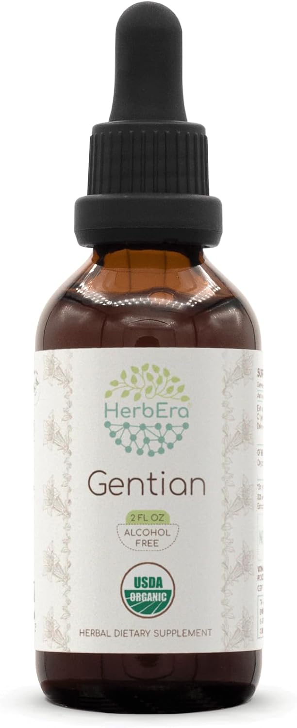 Gentian B60 Alcohol-Free Herbal Extract Tincture, Concentrated Liquid Drops Natural USDA Organic Gentian (Gentiana Lutea) Dried Root (2 fl oz)