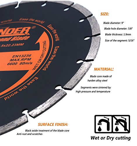 Finder General Purpose Premium Segmented Diamond Blade For Tile Brick Concrete Field Stone Masonry Materials Wet Dry Cutting (1 Pack of 9" Blade)