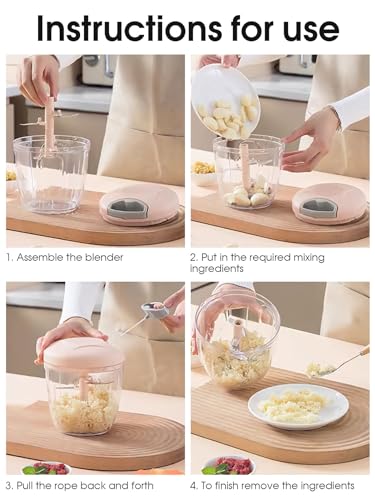 Vegetable Chopper 900ml - Multi-Function Manual Food Processor - Hand-Pull Design with Handle & Lid - Slicer, Dicer & Blender for Onion, Garlic, Peppers, Fruits, Nuts, Herbs (Pink) - Image 7