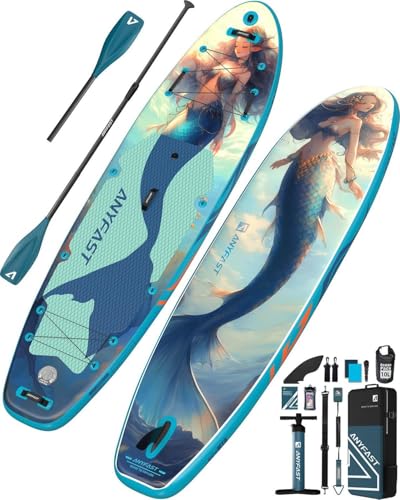 ANYFAST Aufblasbares Stand-Up-Paddelbrett für Angeln - 335x88cm Breit, Ultrastabil, mit Pumpe, Kamerabefestigung, Kindergriff, Leine, Rucksack und Zubehör