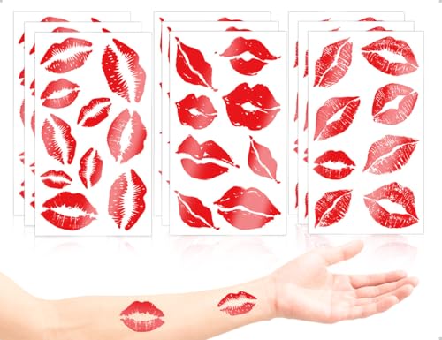 AOYEGIC 9 Hojas de Pegatinas Temporales de Labios Rojos, Pegatinas Decorativas Realistas e Impermeables para Tatuajes, Decoración de Boca con Beso, Accesorios Carnaval, Ideales para Fiestas Halloween