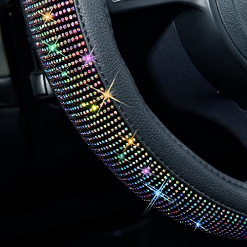 Image of CAR PASS Bling Diamond Leather Steering Wheel Cover, with Bling Sparkly Crystal Glitter Rhinestones Universal Fit 13 inch1 /2-14 inch Car Wheel Protector for Women Girl Fit Suvs,Vans,Sedans,Trucks, Multicolor