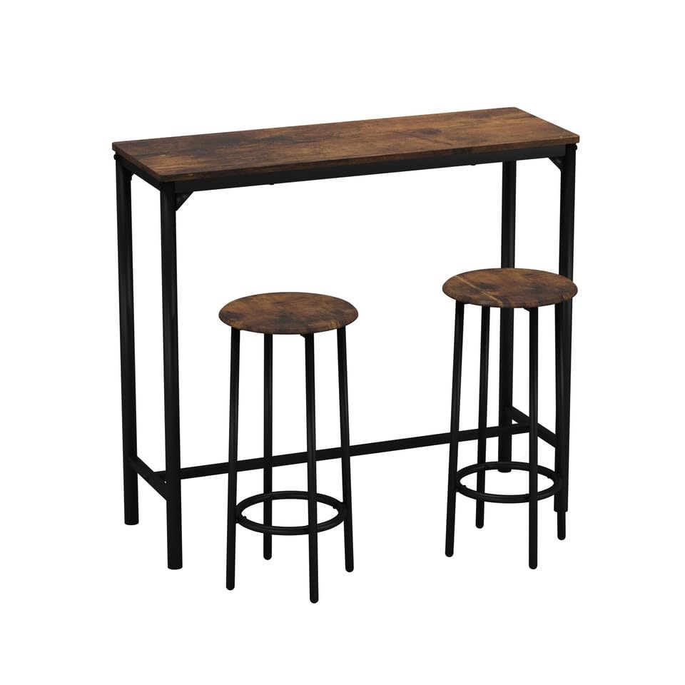 URBNLIVING CANCUN Bar Table and Stools Set Industrial Kitchen Dining Breakfast Counter Furniture with 2 or 4 Chairs Space-Saving Design for Home & Small Spaces - 3 Piece - Rustic Brown