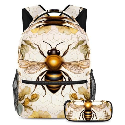 Sac à dos fleurs d'abeilles grand volume 2 pièces pour ordinateur portable et cours