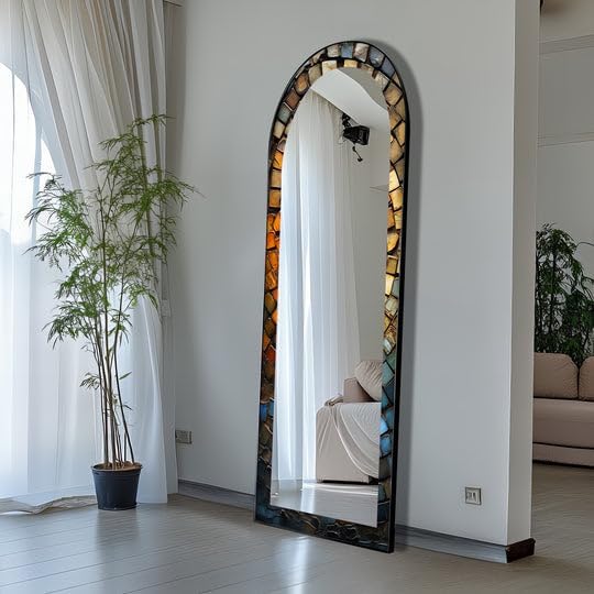 23,5’’W x 67’’H Rustic Arched Mirror – Mosaic Floor Mirror Arched Full Lenght Mirror - Arch Full Body Stained Floor Mirror with Black Frame with Gold Frame