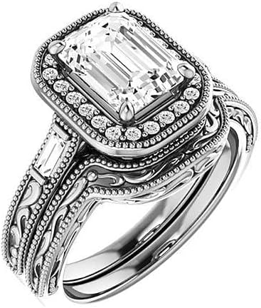GOLDEN JEWEL Emerald Cut Moissanite Promise Rings Set Colorless Solitaire Halo Engagement Wedding Rings Handmade Propose Gift for Her, 925 Silver/10K/14K/18K Gold