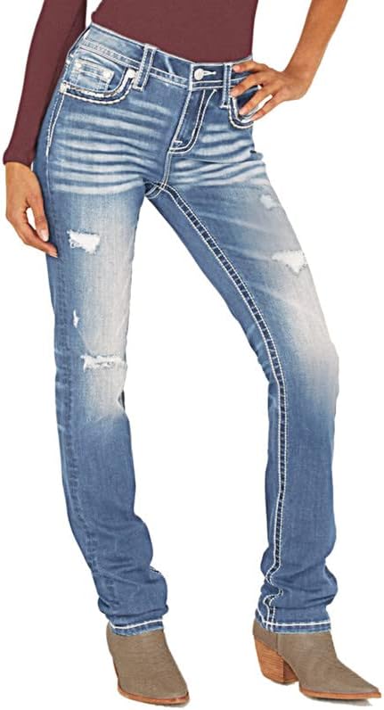 PEIHOT Ripped Distressed Denim Pants Women's Slim Fit Mid Rise Straight Leg Jeans with Comfortable Back Flap Pockets