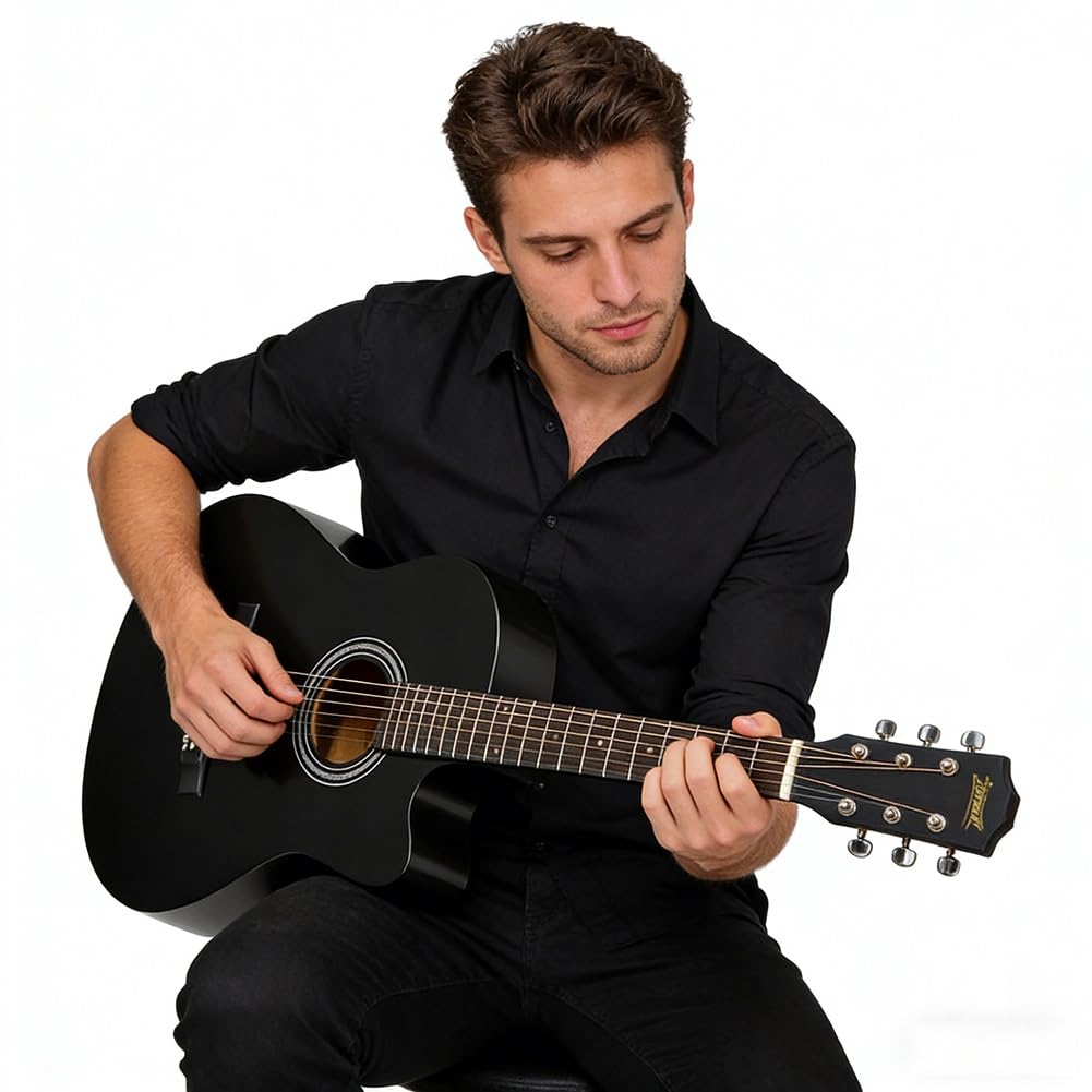 Kit Di Chitarra Acustica Per Principianti Adulti, Kit Completo Di Chitarra Acustica Con Spalla Mancante Set Per Principianti Con Chitarra In Legno(Black look,38 in)