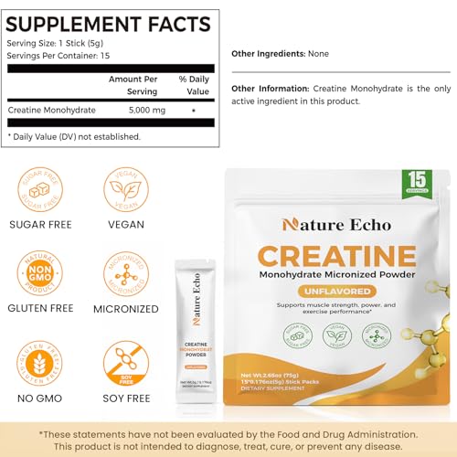 Image of Creatine Monohydrate Micronized Powder 15 Single-Serve Packs 5g | Clean, Unflavored 5000mg Creatine Travel Packs for Men & Women to Muscle Growth, Vegan, Gluten-free, no Sugar