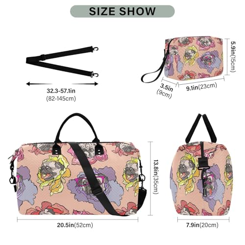 Dog Pug Flower Pattern Duffle Bags for Women Men Waterproof Weekender Overnight Bags Hospital Bag Large Tote Bag with Toiletry Bag for Yoga Gym Travel Sport Hospital3