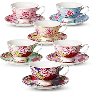 BTT- Tea Cups, Tea Cups and Saucers Set of 6, Tea Set, Floral Tea Cups (8oz), Tea Cups and Saucers Set, Tea Set, Porcelain Tea Cups, Tea Cups for Tea Party, Rose Teacups, China Tea Cups (Bone China)