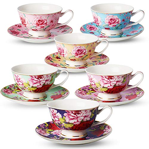BTaT- Tea Cups and Saucers, Floral Design, Porcelain Tea Cup Sets, Dishwasher Safe, Set of 6, 8 oz by Brew To A Tea - Used condition - US$32.39