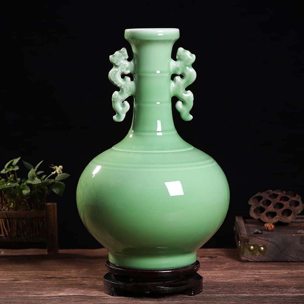 asdchZen Jingdezhen Vases Celadon Binaural Guanyin Bottle Essential Decoration Antique Collection Flower Chinoiserie Ceramic Decorative Vase