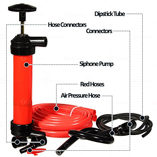 Zone Tech Siphon Fuel Liquid Transfer Pump Kit – Multi-Use Hand Gasoline, Oil, Liquid And Air Pump – Red Travel Emergency Manual Vehicle Car Tool #TOP2