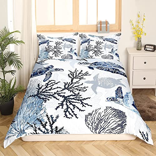Turtle Bedding Set King Size For Kids Boys Girls Teens Ocean Beach Decor Comforter Cover Nautical Coastal Duvet Cover, Cute Blue Sea Reptile Tortoise Bedding Bedspread Cover With 2 Pillowcase, Soft #TOP2