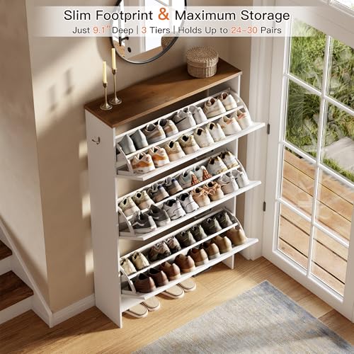 Nicetree Barn Door Shoe Cabinet for Entryway - Modern Farmhouse Shoe Storage Cabinet with 3 Flip Drawers - Slim Hidden Shoe Organizer for 24-32 Pairs - Fits Size 12 Work Boots White by Nicetree - Image 3